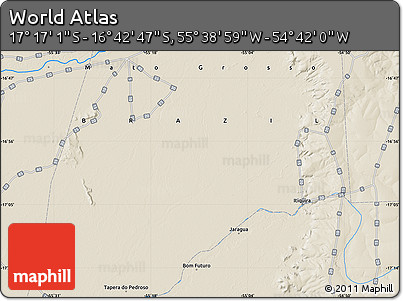 Shaded Relief Map of the Area around 16° 59' 54" S, 55° 10' 29" W