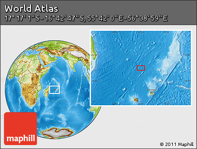 Physical Location Map of the Area around 16° 59' 54" S, 56° 10' 29" E