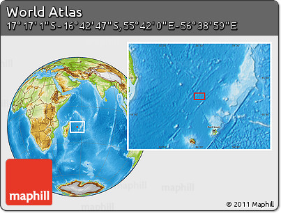 Physical Location Map of the Area around 16° 59' 54" S, 56° 10' 29" E
