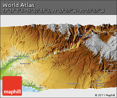 Physical 3D Map of the Area around 16° 59' 54" S, 71° 19' 29" W