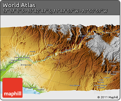 Physical 3D Map of the Area around 16° 59' 54" S, 71° 19' 29" W