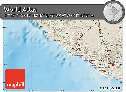Shaded Relief Map of the Area around 16° 59' 54" S, 72° 10' 30" W