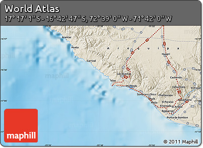 Shaded Relief Map of the Area around 16° 59' 54" S, 72° 10' 30" W