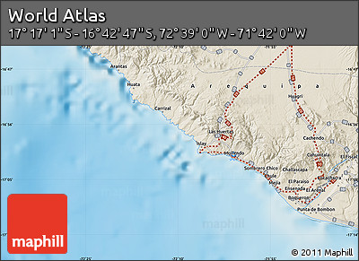 Shaded Relief Map of the Area around 16° 59' 54" S, 72° 10' 30" W