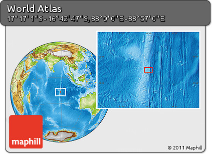 Physical Location Map of the Area around 16° 59' 54" S, 88° 28' 29" E