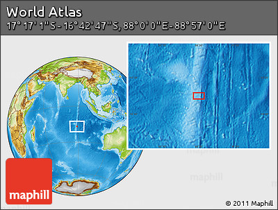 Physical Location Map of the Area around 16° 59' 54" S, 88° 28' 29" E