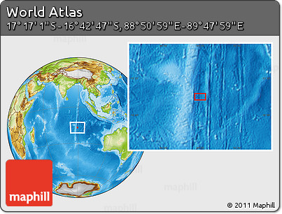 Physical Location Map of the Area around 16° 59' 54" S, 89° 19' 29" E