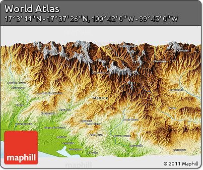 Physical 3D Map of the Area around 17° 20' 20" N, 100° 13' 29" W
