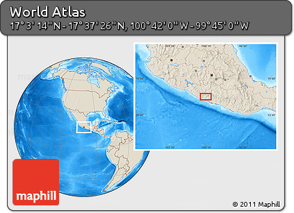 Shaded Relief Location Map of the Area around 17° 20' 20" N, 100° 13' 29" W