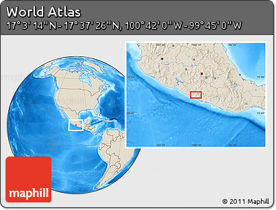 Shaded Relief Location Map of the Area around 17° 20' 20" N, 100° 13' 29" W