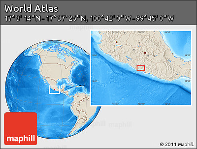 Shaded Relief Location Map of the Area around 17° 20' 20" N, 100° 13' 29" W