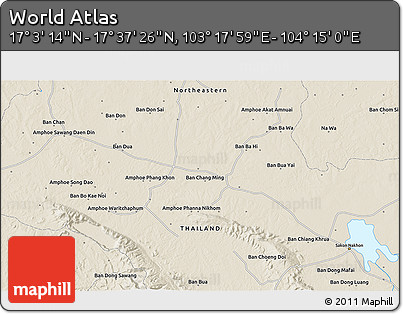 Shaded Relief 3D Map of the Area around 17° 20' 20" N, 103° 46' 30" E
