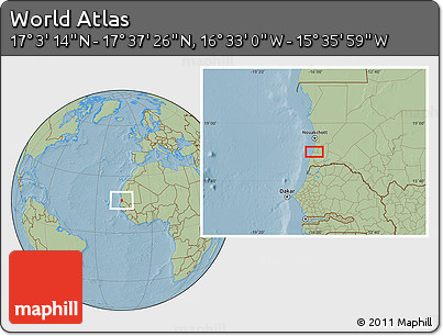 Savanna Style Location Map of the Area around 17° 20' 20" N, 16° 4' 29" W, hill shading