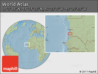Savanna Style Location Map of the Area around 17° 20' 20" N, 16° 4' 29" W, hill shading