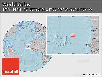 Gray Location Map of the Area around 17° 20' 20" N, 21° 10' 29" W, hill shading