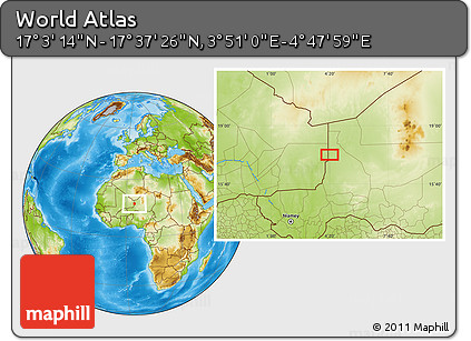 Physical Location Map of the Area around 17° 20' 20" N, 4° 19' 30" E