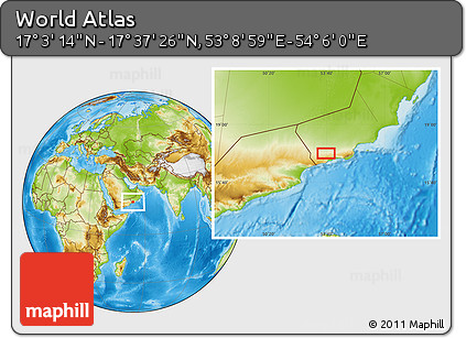 Physical Location Map of the Area around 17° 20' 20" N, 53° 37' 30" E
