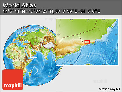 Physical Location Map of the Area around 17° 20' 20" N, 53° 37' 30" E