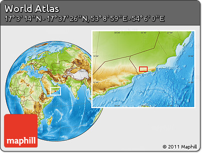 Physical Location Map of the Area around 17° 20' 20" N, 53° 37' 30" E