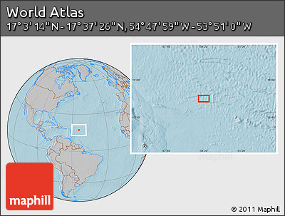 Gray Location Map of the Area around 17° 20' 20" N, 54° 19' 30" W, hill shading