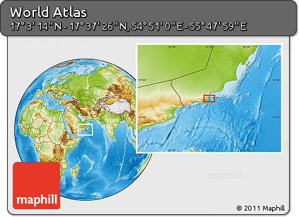 Physical Location Map of the Area around 17° 20' 20" N, 55° 19' 30" E