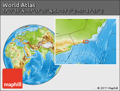 Physical Location Map of the Area around 17° 20' 20" N, 55° 19' 30" E
