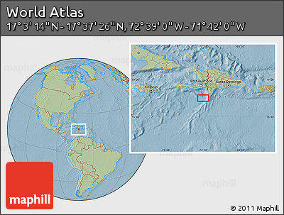 Savanna Style Location Map of the Area around 17° 20' 20" N, 72° 10' 30" W, hill shading