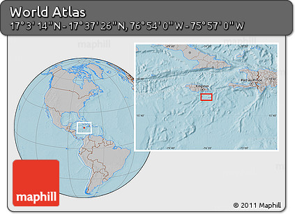 Gray Location Map of the Area around 17° 20' 20" N, 76° 25' 30" W, hill shading