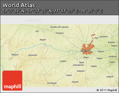Physical 3D Map of the Area around 17° 20' 20" N, 78° 16' 30" E