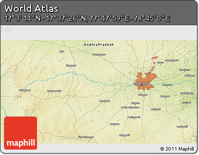 Physical 3D Map of the Area around 17° 20' 20" N, 78° 16' 30" E