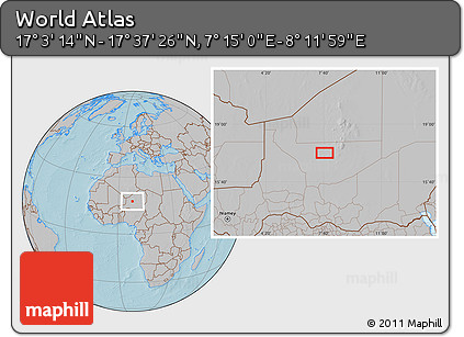 Gray Location Map of the Area around 17° 20' 20" N, 7° 43' 29" E, hill shading