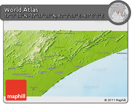 Physical 3D Map of the Area around 17° 20' 20" N, 82° 31' 30" E