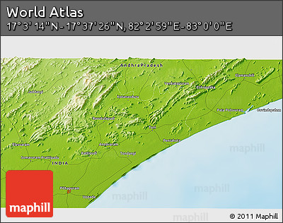 Physical 3D Map of the Area around 17° 20' 20" N, 82° 31' 30" E