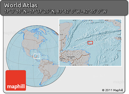 Gray Location Map of the Area around 17° 20' 20" N, 83° 13' 29" W, hill shading