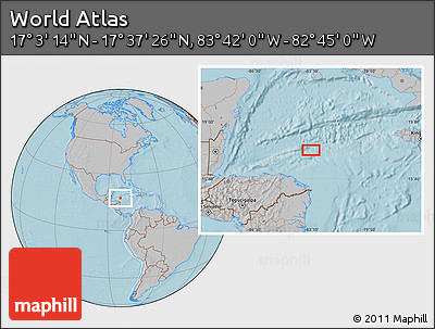 Gray Location Map of the Area around 17° 20' 20" N, 83° 13' 29" W, hill shading