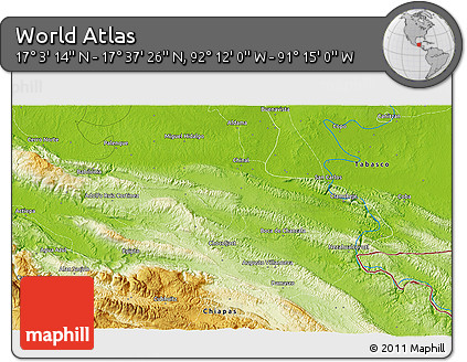 Physical 3D Map of the Area around 17° 20' 20" N, 91° 43' 29" W