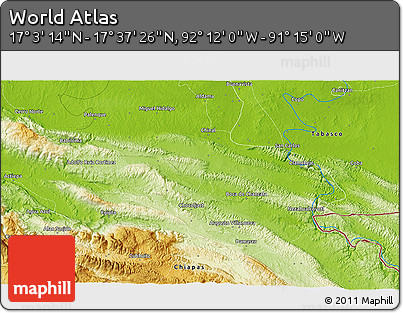 Physical 3D Map of the Area around 17° 20' 20" N, 91° 43' 29" W