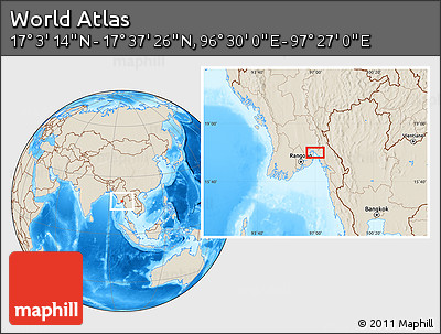 Shaded Relief Location Map of the Area around 17° 20' 20" N, 96° 58' 29" E