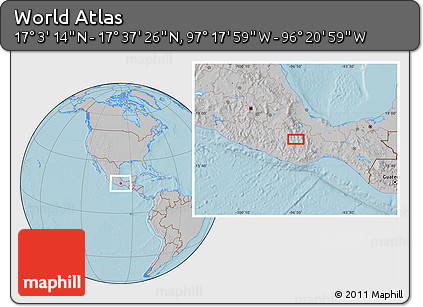 Gray Location Map of the Area around 17° 20' 20" N, 96° 49' 29" W, hill shading