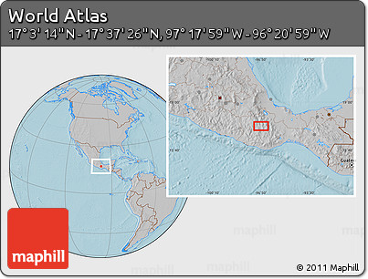 Gray Location Map of the Area around 17° 20' 20" N, 96° 49' 29" W, hill shading