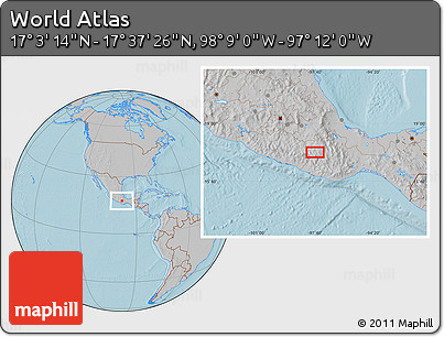 Gray Location Map of the Area around 17° 20' 20" N, 97° 40' 30" W, hill shading