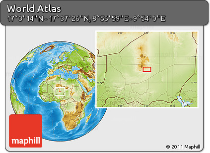 Physical Location Map of the Area around 17° 20' 20" N, 9° 25' 30" E