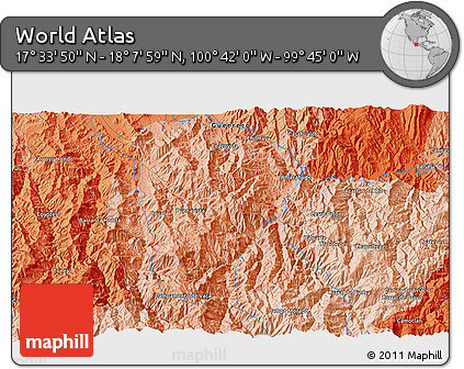 Political 3D Map of the Area around 17° 50' 55" N, 100° 13' 29" W