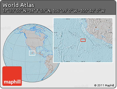 Gray Location Map of the Area around 17° 50' 55" N, 106° 10' 30" W, hill shading