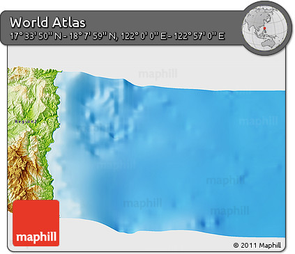 Physical 3D Map of the Area around 17° 50' 55" N, 122° 28' 29" E