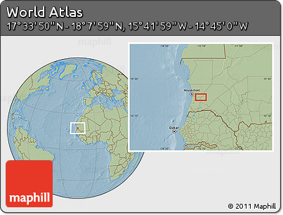 Savanna Style Location Map of the Area around 17° 50' 55" N, 15° 13' 29" W, hill shading