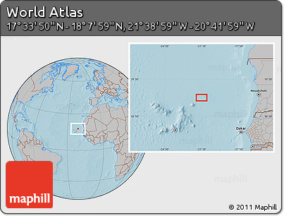 Gray Location Map of the Area around 17° 50' 55" N, 21° 10' 29" W, hill shading