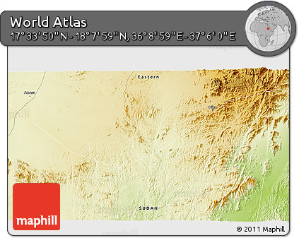 Physical 3D Map of the Area around 17° 50' 55" N, 36° 37' 30" E