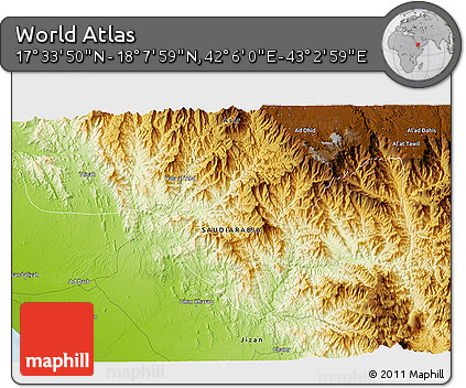 Physical 3D Map of the Area around 17° 50' 55" N, 42° 34' 30" E