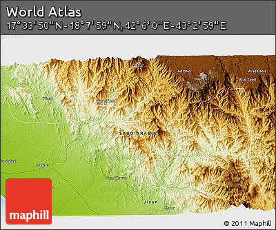 Physical 3D Map of the Area around 17° 50' 55" N, 42° 34' 30" E